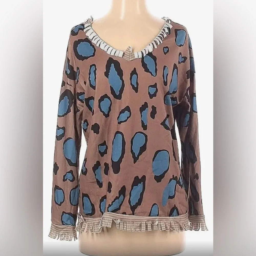 MISSLOOK scooped neck long sleeve sweater bold animal print fringe hems size 2X